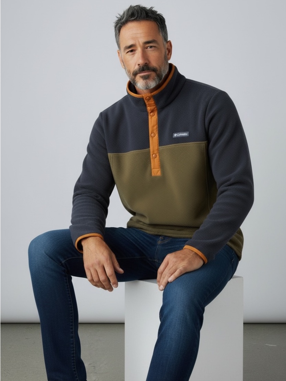 Columbia Men’s Two-Tone Fleece Snap Pullover - Charcoal, Olive & Orange Trim